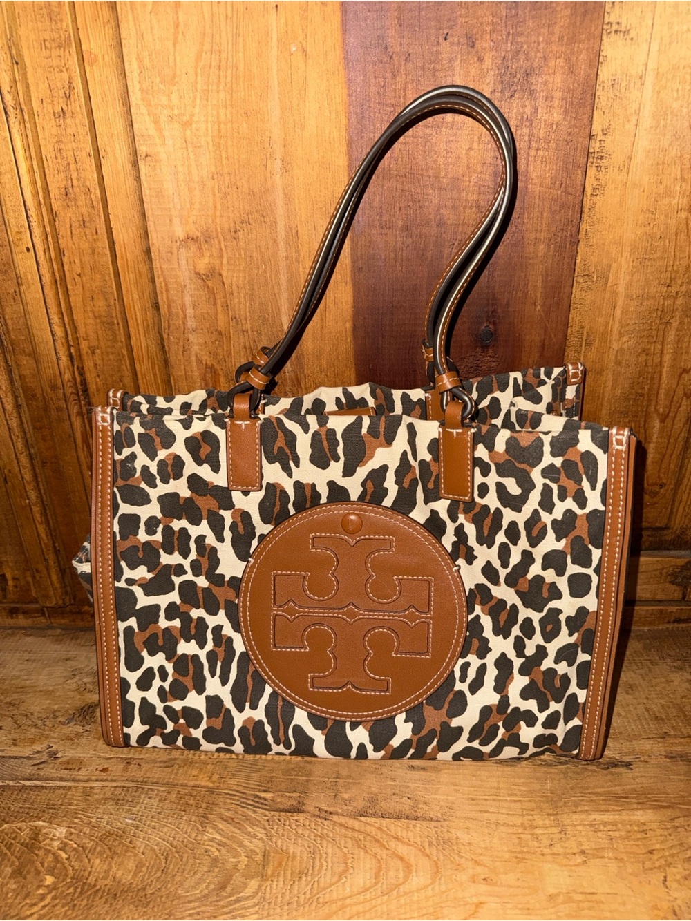 Tory Burch Leopard-Print Canvas Tote with Brown Leather Trim